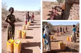 Three images of people collecting water